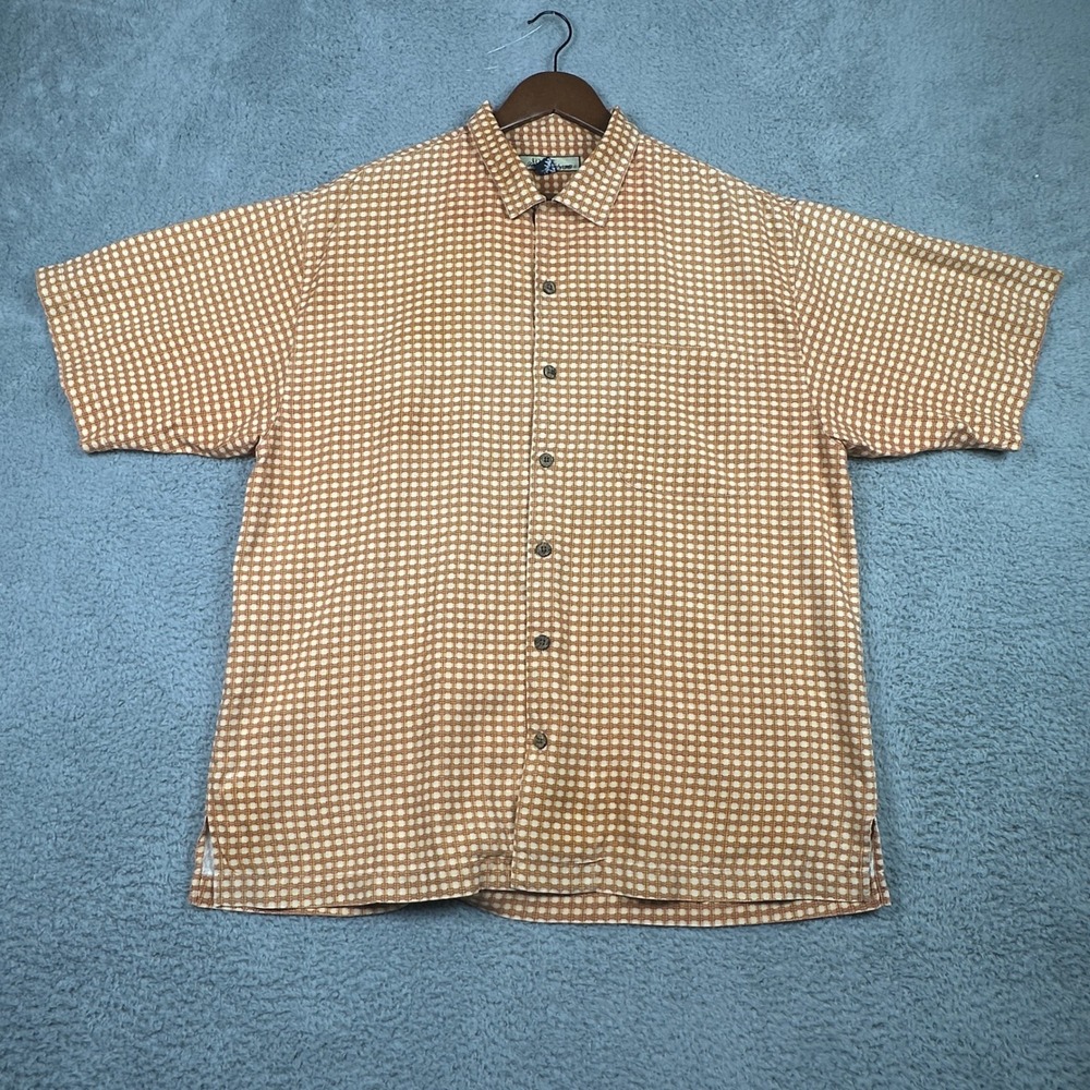 Tommy Bahama Silk Camp Shirt Mens Large Orange Geometric Short Sleeve Island
